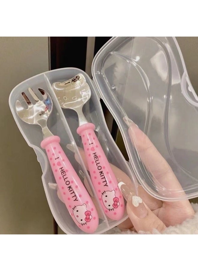 Stainless Steel Children's Cute Chopsticks Tableware Practice Baby Students Learning Fork Suit Eating Supplementary Cartoon-Specifications:Kitty Tableware