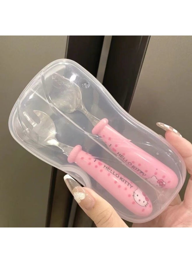 Stainless Steel Children's Cute Chopsticks Tableware Practice Baby Students Learning Fork Suit Eating Supplementary Cartoon-Specifications:Kitty Tableware
