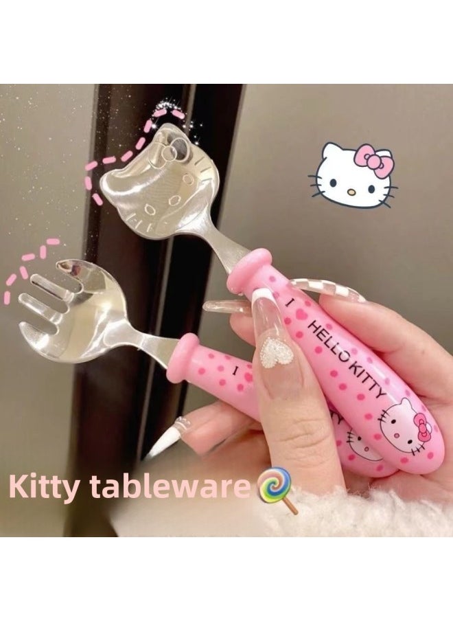 Stainless Steel Children's Cute Chopsticks Tableware Practice Baby Students Learning Fork Suit Eating Supplementary Cartoon-Specifications:Kitty Tableware