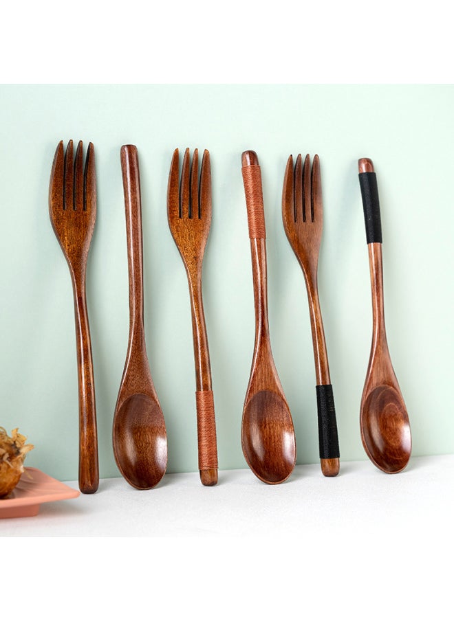Creative Household Three-piece Tableware Carving Logo Japanese-style Long-handled Spoon Fork Set Phoebe Chopsticks Wooden Spoon Wooden Fork-Specifications:22.5cm Nanmu Brown Line Spoon + Fork + Chopsticks