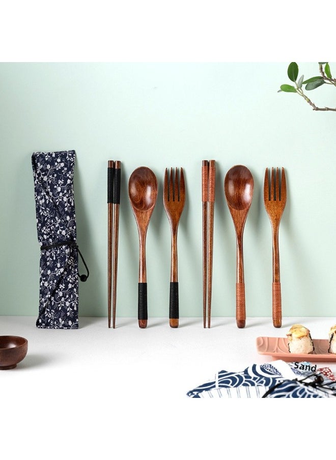 Creative Household Three-piece Tableware Carving Logo Japanese-style Long-handled Spoon Fork Set Phoebe Chopsticks Wooden Spoon Wooden Fork-Specifications:22.5cm Nanmu Brown Line Spoon + Fork + Chopsticks