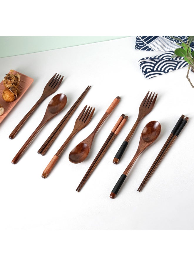 Creative Household Three-piece Tableware Carving Logo Japanese-style Long-handled Spoon Fork Set Phoebe Chopsticks Wooden Spoon Wooden Fork-Specifications:22.5cm Nanmu Brown Line Spoon + Fork + Chopsticks