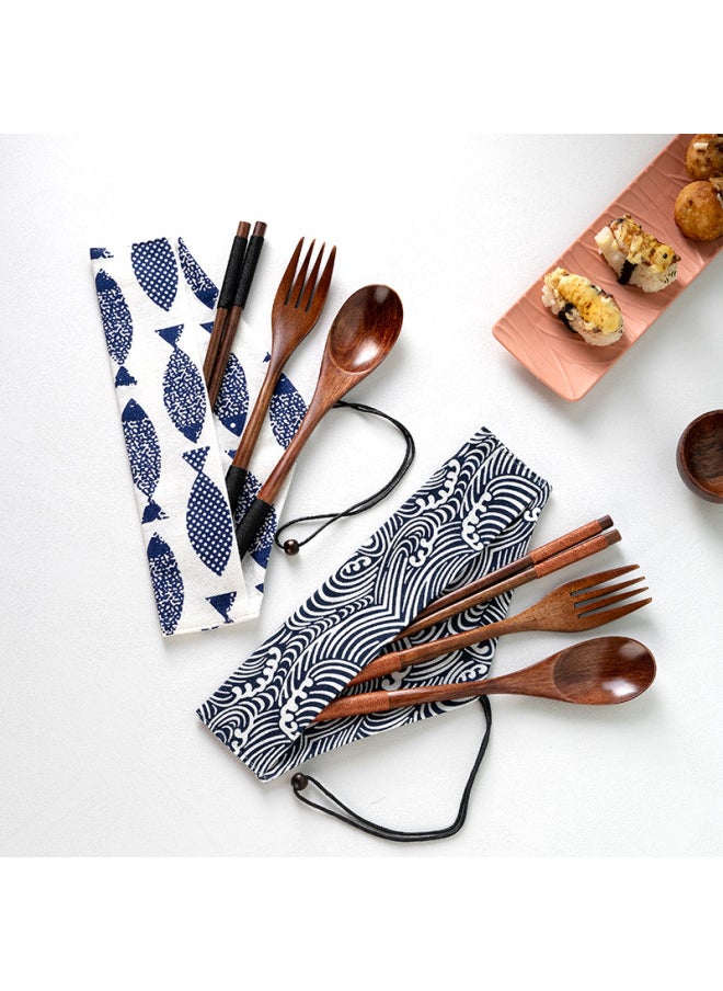 Creative Household Three-piece Tableware Carving Logo Japanese-style Long-handled Spoon Fork Set Phoebe Chopsticks Wooden Spoon Wooden Fork-Specifications:22.5cm Nanmu Brown Line Spoon + Fork + Chopsticks