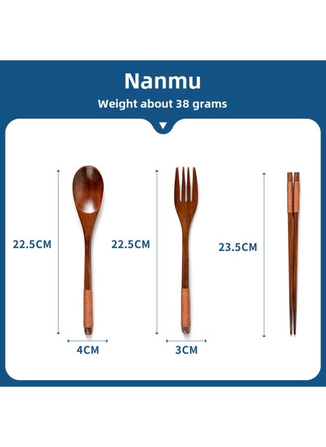 Creative Household Three-piece Tableware Carving Logo Japanese-style Long-handled Spoon Fork Set Phoebe Chopsticks Wooden Spoon Wooden Fork-Specifications:22.5cm Nanmu Brown Line Spoon + Fork + Chopsticks
