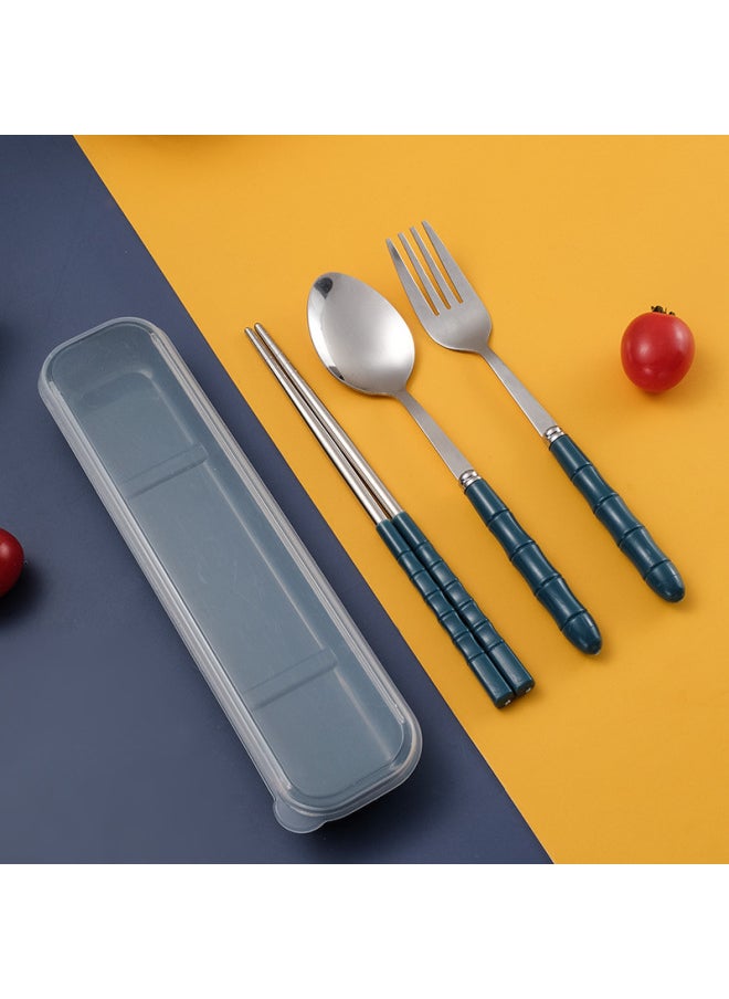 Stainless Steel Tableware Set Travel Wheat Straw Portable Tableware Chopsticks Three-piece Set Chopsticks Spoon Set-Specifications:Nordic Blue Spoon + Chopsticks + Fork Three-piece Set