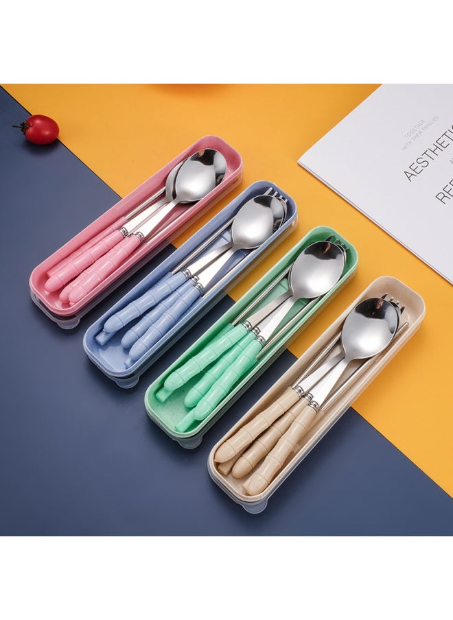 Stainless Steel Tableware Set Travel Wheat Straw Portable Tableware Chopsticks Three-piece Set Chopsticks Spoon Set-Specifications:Nordic Blue Spoon + Chopsticks + Fork Three-piece Set