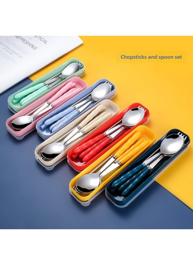 Stainless Steel Tableware Set Travel Wheat Straw Portable Tableware Chopsticks Three-piece Set Chopsticks Spoon Set-Specifications:Nordic Blue Spoon + Chopsticks + Fork Three-piece Set