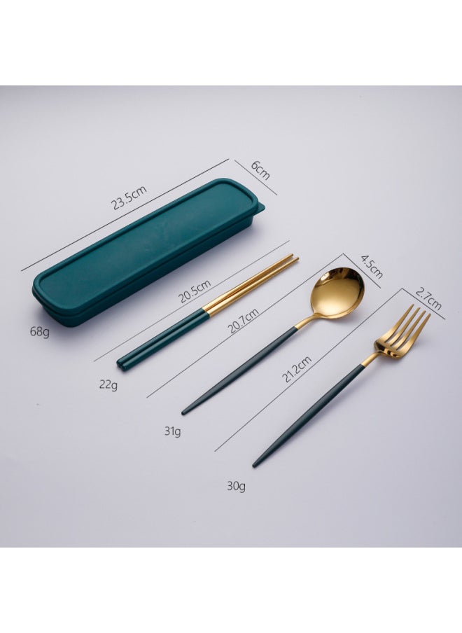 Portuguese Stainless Steel Convenient Student Cutlery Set Three-Piece Suit Spoon Fork Chopsticks Travel Storage Gifts Home Goods-Specifications:Green Gold Three-piece Set