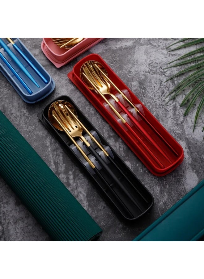 Portuguese Stainless Steel Convenient Student Cutlery Set Three-Piece Suit Spoon Fork Chopsticks Travel Storage Gifts Home Goods-Specifications:Green Gold Three-piece Set