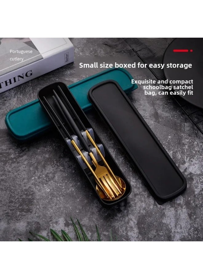 Portuguese Stainless Steel Convenient Student Cutlery Set Three-Piece Suit Spoon Fork Chopsticks Travel Storage Gifts Home Goods-Specifications:Green Gold Three-piece Set