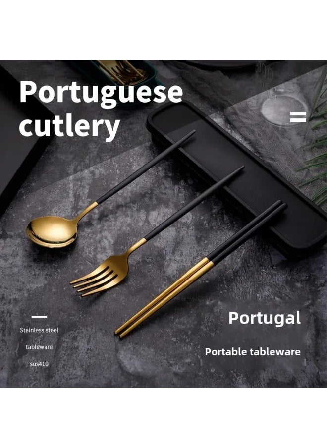 Portuguese Stainless Steel Convenient Student Cutlery Set Three-Piece Suit Spoon Fork Chopsticks Travel Storage Gifts Home Goods-Specifications:Green Gold Three-piece Set