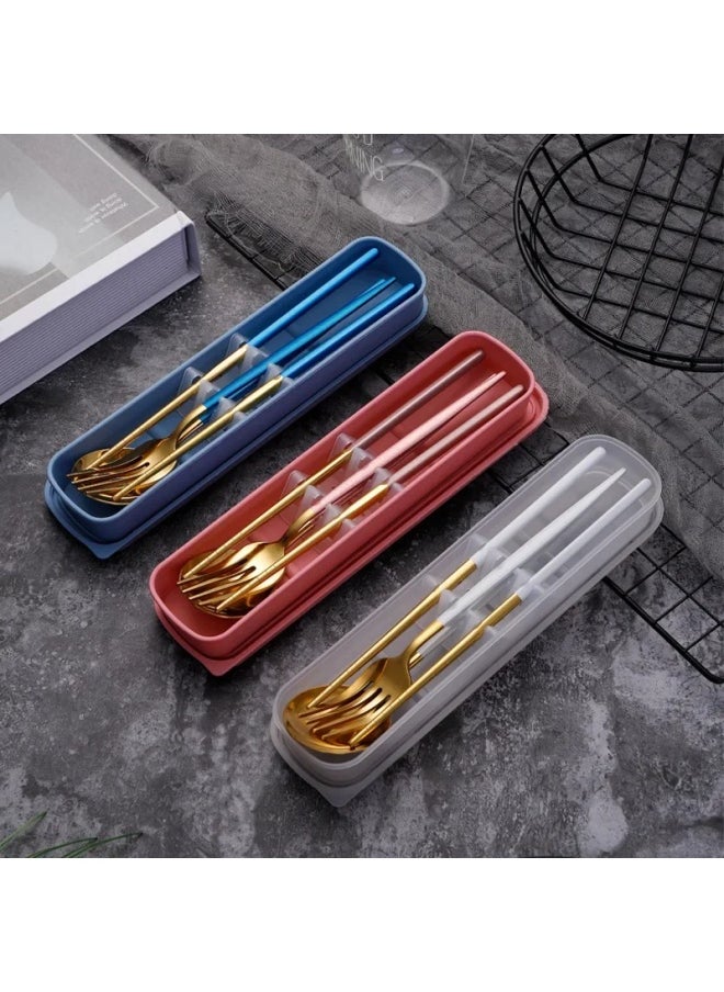Portuguese Stainless Steel Convenient Student Cutlery Set Three-Piece Suit Spoon Fork Chopsticks Travel Storage Gifts Home Goods-Specifications:Green Gold Three-piece Set