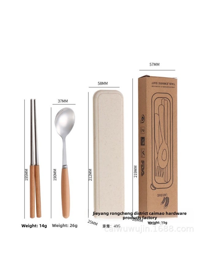 Stainless Steel Convenient Tableware Cute Cartoon Cheese Spoon Chopsticks Fork Box Outdoor Tableware Suit Four-piece Set-Specifications:Two-piece Set Of Chopsticks And Spoons With Wooden Handle