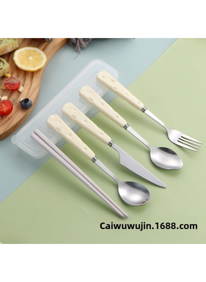 Stainless Steel Convenient Tableware Cute Cartoon Cheese Spoon Chopsticks Fork Box Outdoor Tableware Suit Four-piece Set-Specifications:Two-piece Set Of Chopsticks And Spoons With Wooden Handle