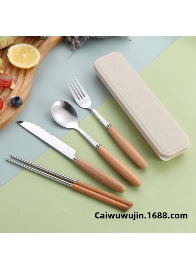 Stainless Steel Convenient Tableware Cute Cartoon Cheese Spoon Chopsticks Fork Box Outdoor Tableware Suit Four-piece Set-Specifications:Two-piece Set Of Chopsticks And Spoons With Wooden Handle