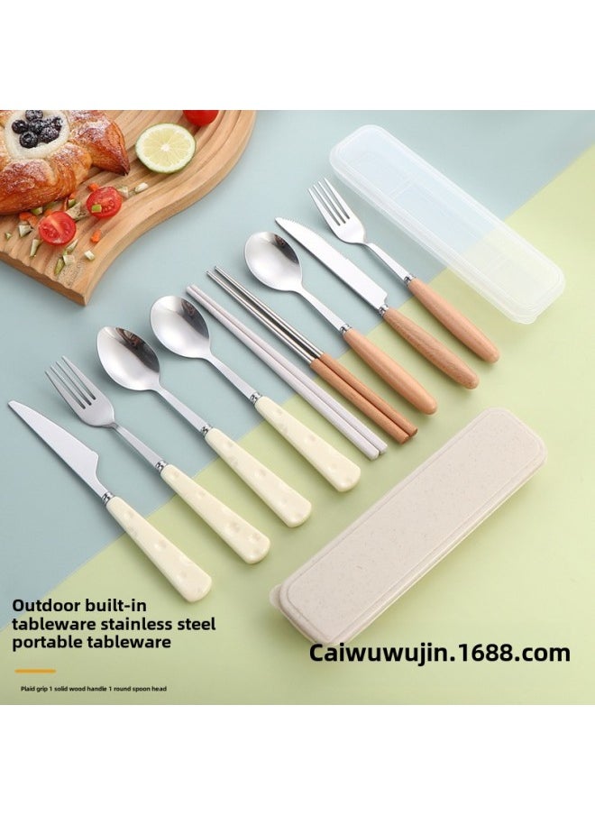 Stainless Steel Convenient Tableware Cute Cartoon Cheese Spoon Chopsticks Fork Box Outdoor Tableware Suit Four-piece Set-Specifications:Two-piece Set Of Chopsticks And Spoons With Wooden Handle