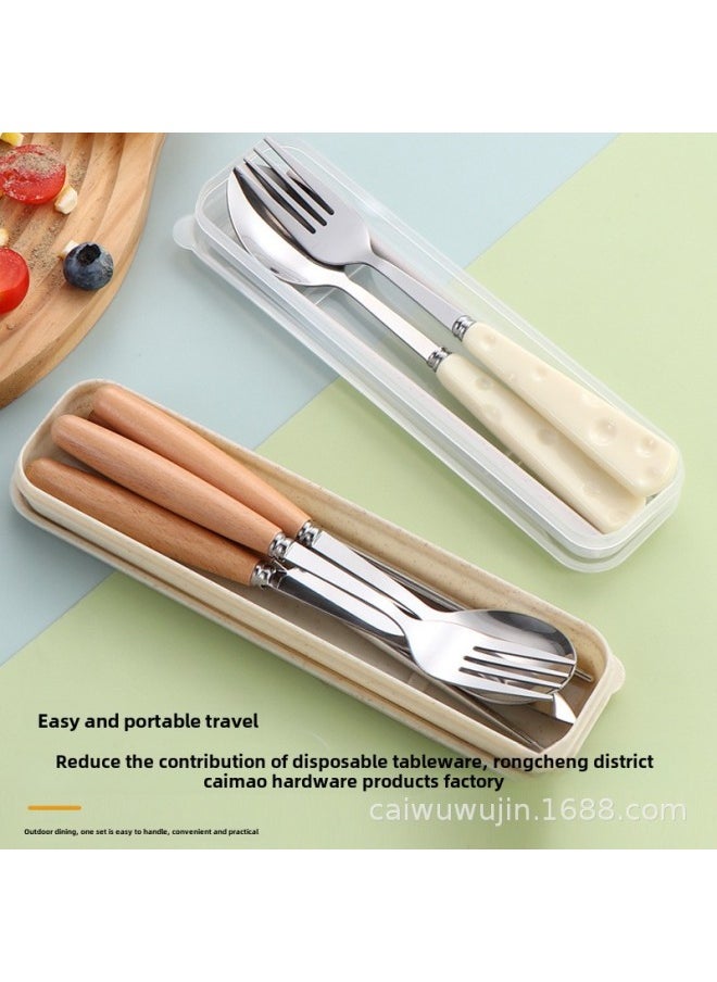 Stainless Steel Convenient Tableware Cute Cartoon Cheese Spoon Chopsticks Fork Box Outdoor Tableware Suit Four-piece Set-Specifications:Two-piece Set Of Chopsticks And Spoons With Wooden Handle