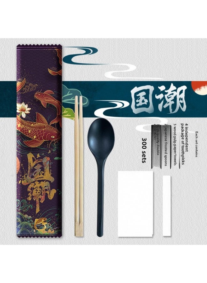 Order Disposable Chopsticks Set Take-out Packaging Four-piece Chopsticks Spoon Tableware Package Four-in-one Wholesale-Color:National Tide Composite Film ]