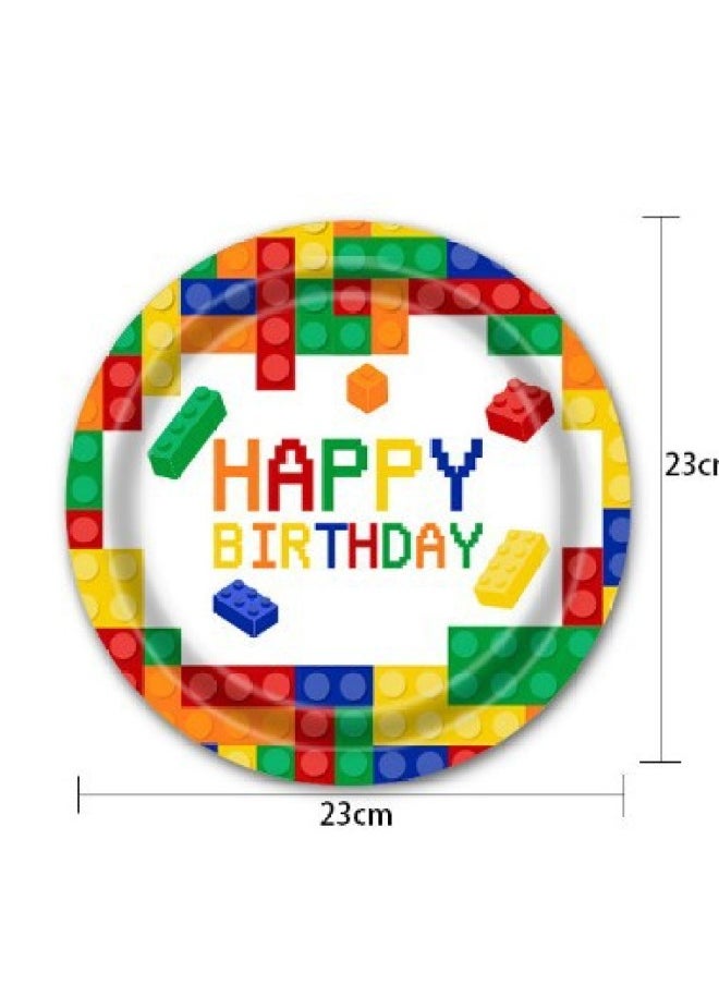 Lego Block Theme Children's Birthday Party Tableware Disposable Dinner Plate 9 Inch 7 Inch Paper Plate Paper Towel Tablecloth-Color:9 Inch Disc-Specifications:16 People.