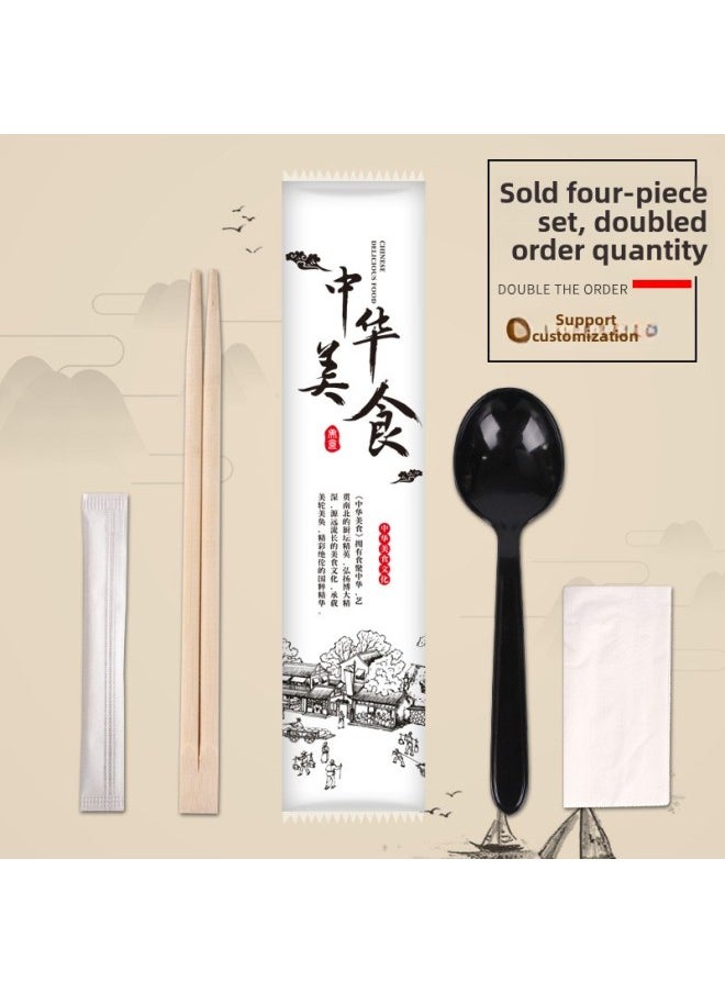 Direct Disposable Chopsticks Four-piece Takeaway Tableware Package Set Four-in-one Chopsticks Independent Packaging Wholesale-Color:OPP Memory Taste Black Round Spoon (100 Sets)
