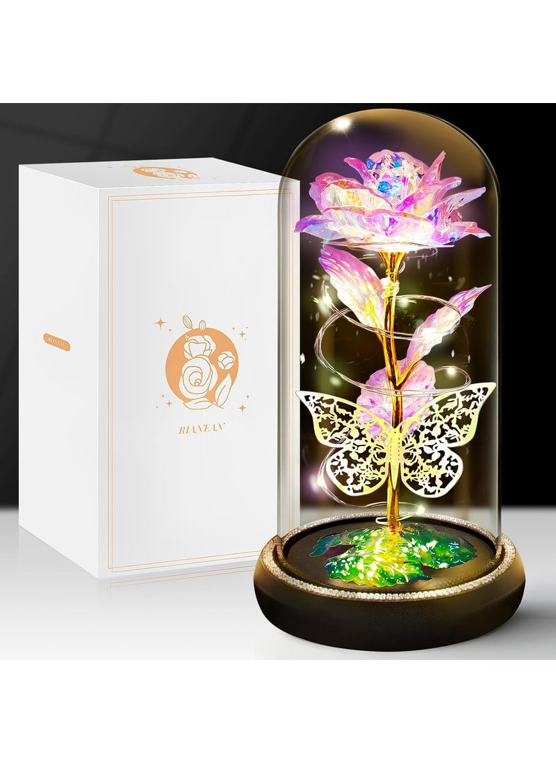 Birthday Gifts for Women Wife Her Butterfly Rose Light Up Preserved Rose in Glass Dome Eternal Rose Light Gifts for Birthday Anniversary Rose Flower Women Gifts for Women Mom GirlfriendYellow