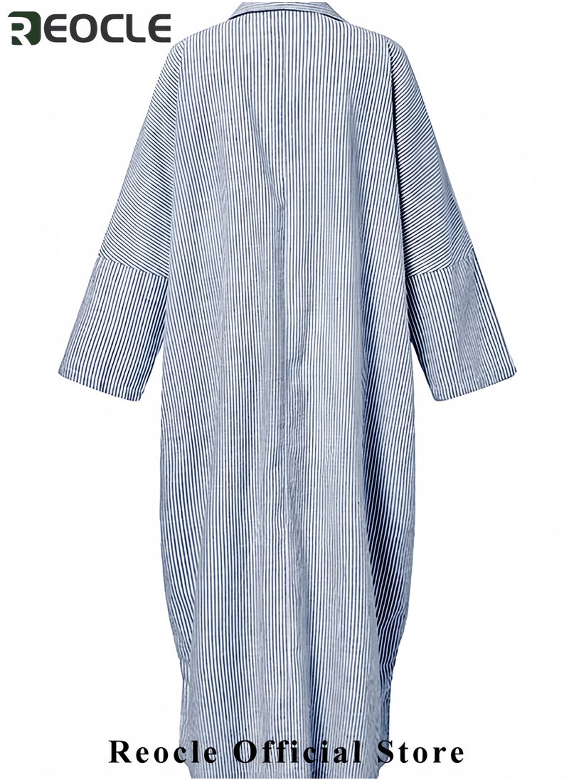 Women's Casual Long Sleeve Button Down Loose Striped Cotton Maxi Shirt Dress