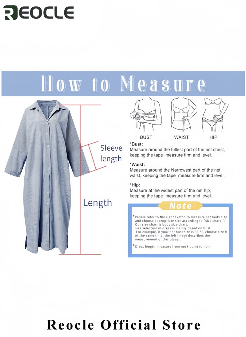 Women's Casual Long Sleeve Button Down Loose Striped Cotton Maxi Shirt Dress