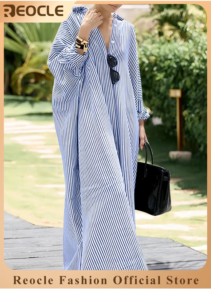 Women's Casual Long Sleeve Button Down Loose Striped Cotton Maxi Shirt Dress
