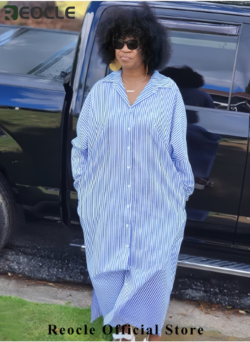 Women's Casual Long Sleeve Button Down Loose Striped Cotton Maxi Shirt Dress
