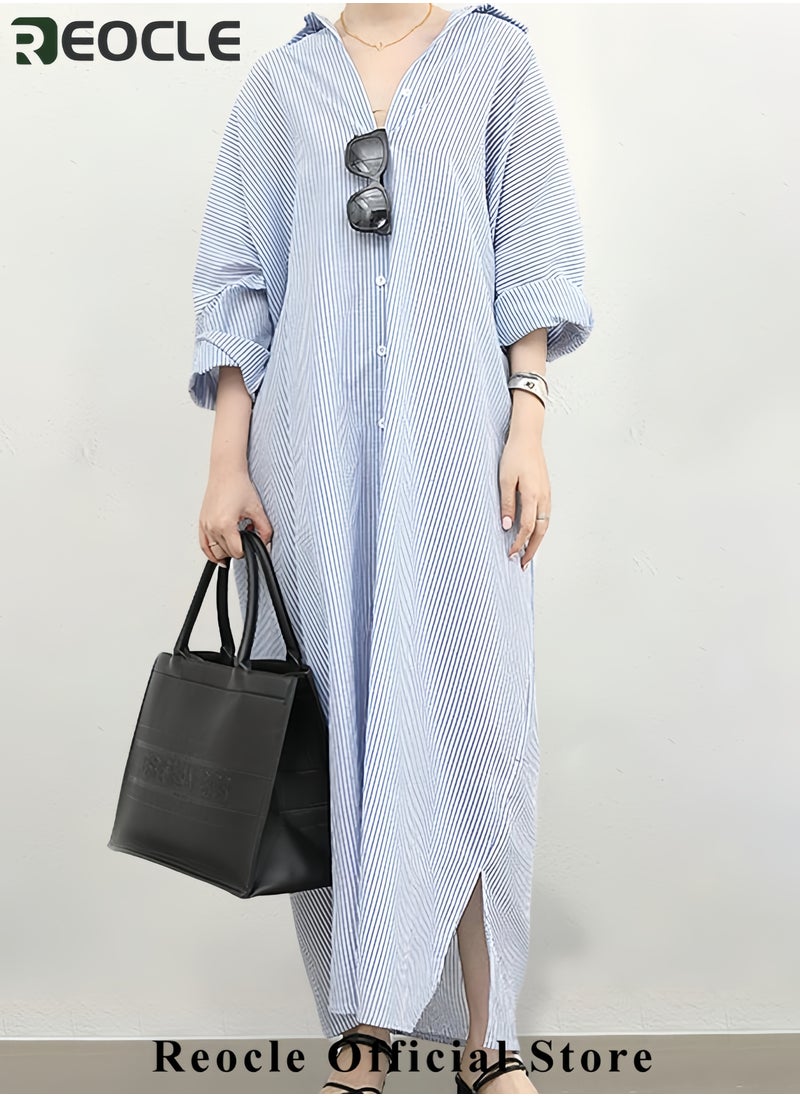 Women's Casual Long Sleeve Button Down Loose Striped Cotton Maxi Shirt Dress