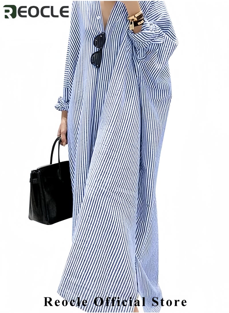 Women's Casual Long Sleeve Button Down Loose Striped Cotton Maxi Shirt Dress