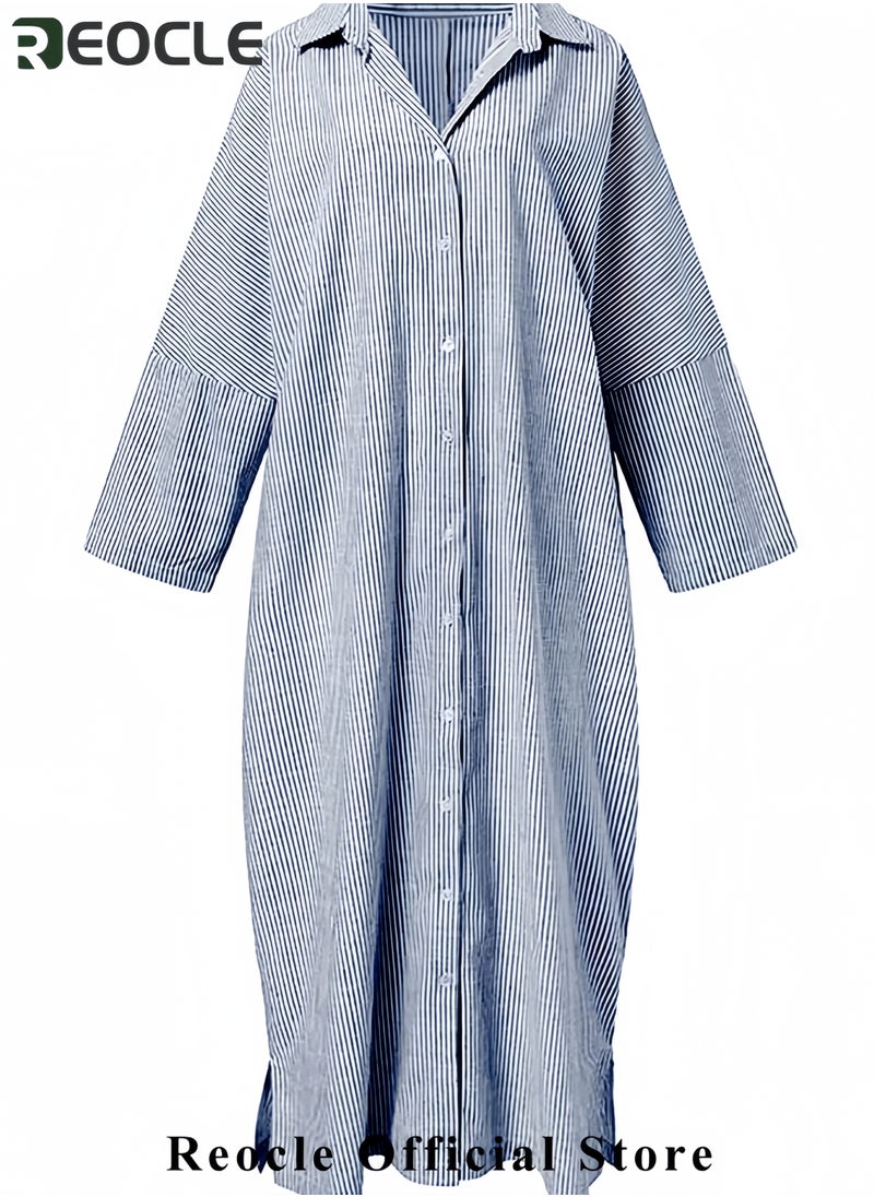 Women's Casual Long Sleeve Button Down Loose Striped Cotton Maxi Shirt Dress