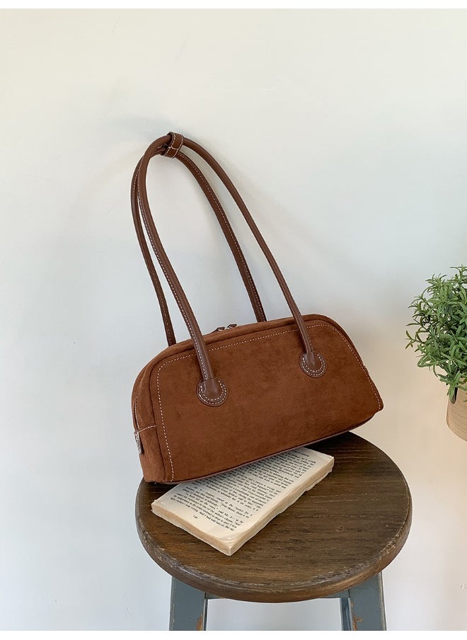 Autumn Suede Baguette Bag Simple Leather Patchwork Underarm Bag Women's Plush Fashion Shoulder Bag