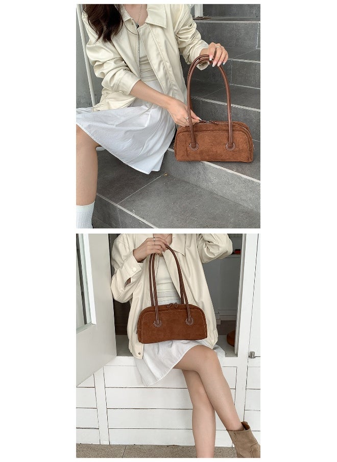 Autumn Suede Baguette Bag Simple Leather Patchwork Underarm Bag Women's Plush Fashion Shoulder Bag