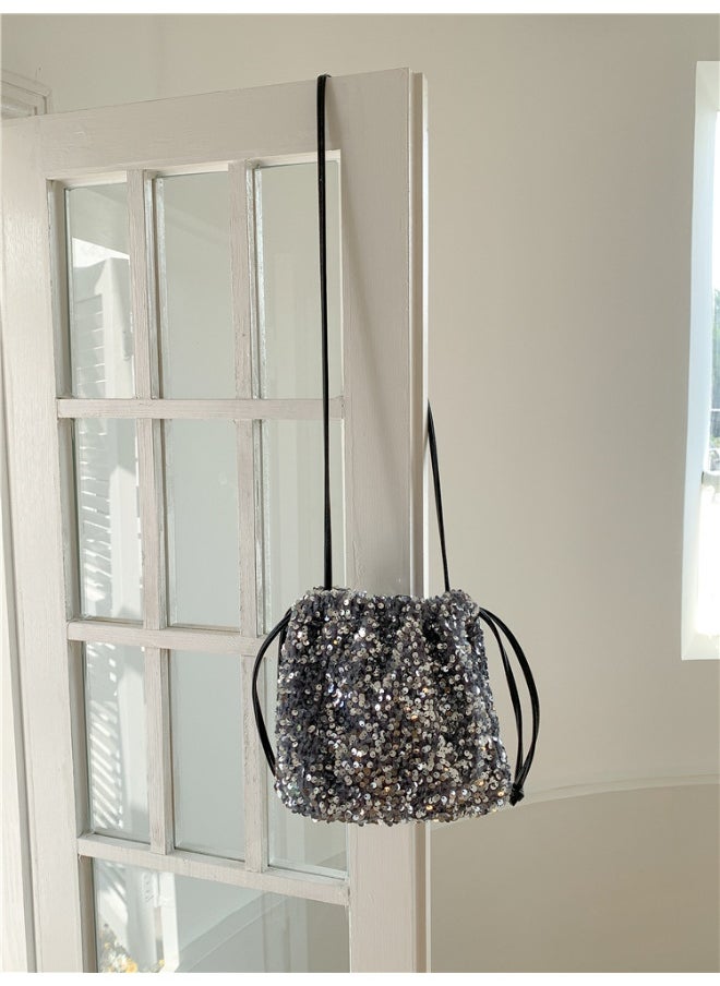 European-american Crossbody Bucket Bag Women's Drawstring Pleated Design Soft Hand Bill Shoulder Bag Color Sequin Bag
