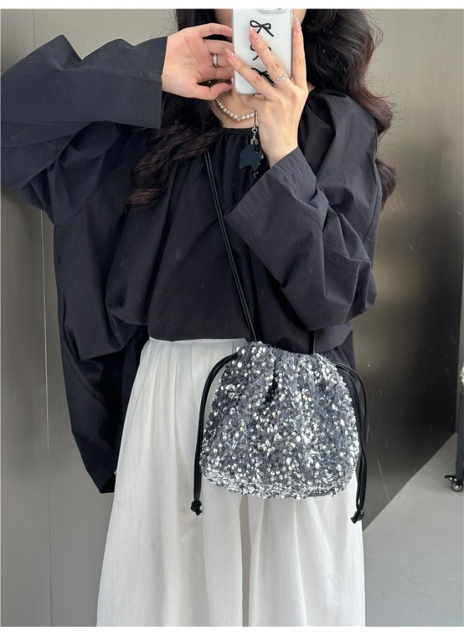 European-american Crossbody Bucket Bag Women's Drawstring Pleated Design Soft Hand Bill Shoulder Bag Color Sequin Bag
