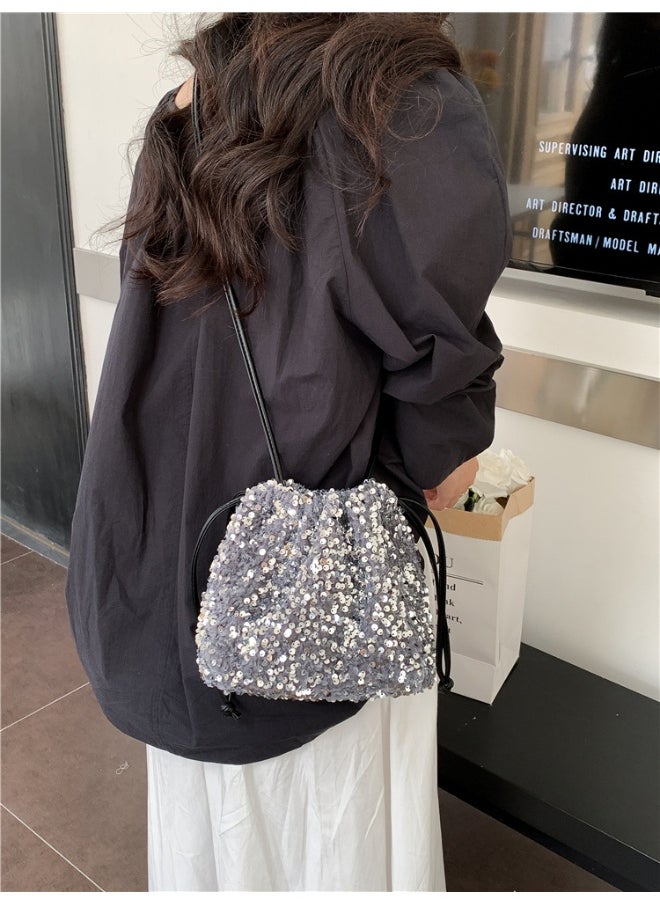 European-american Crossbody Bucket Bag Women's Drawstring Pleated Design Soft Hand Bill Shoulder Bag Color Sequin Bag