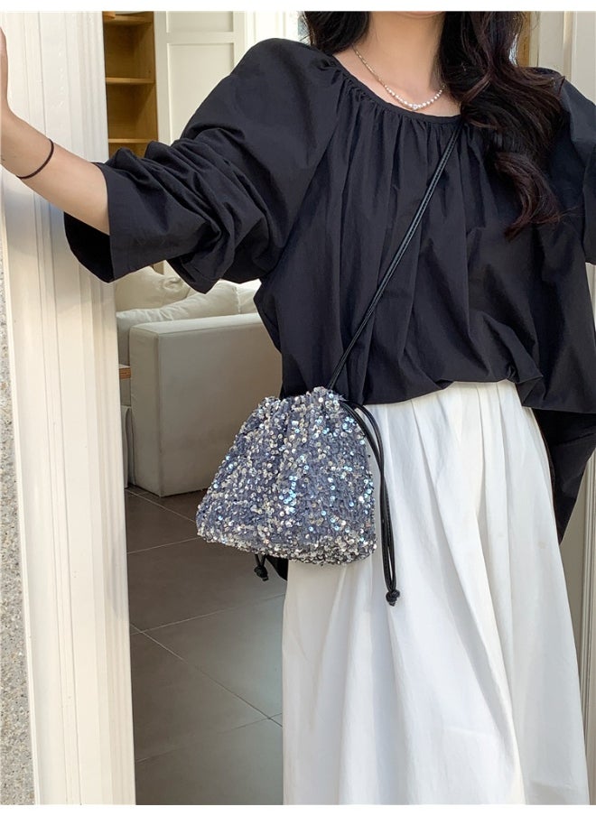 European-american Crossbody Bucket Bag Women's Drawstring Pleated Design Soft Hand Bill Shoulder Bag Color Sequin Bag