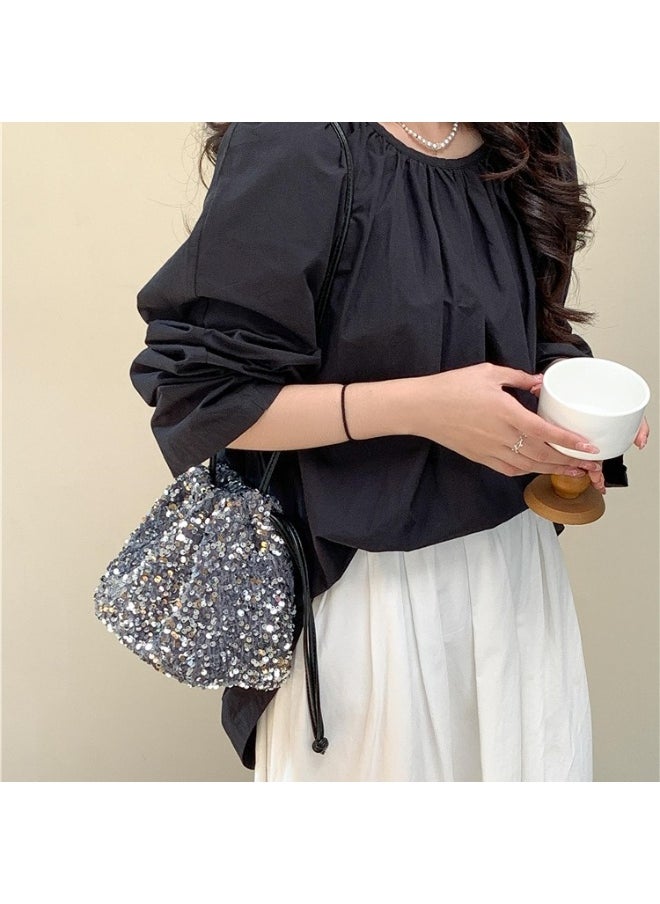 European-american Crossbody Bucket Bag Women's Drawstring Pleated Design Soft Hand Bill Shoulder Bag Color Sequin Bag
