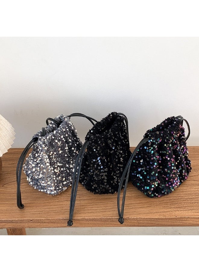 European-american Crossbody Bucket Bag Women's Drawstring Pleated Design Soft Hand Bill Shoulder Bag Color Sequin Bag
