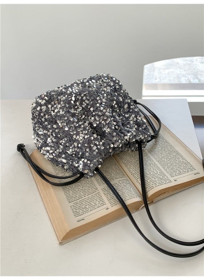 European-american Crossbody Bucket Bag Women's Drawstring Pleated Design Soft Hand Bill Shoulder Bag Color Sequin Bag