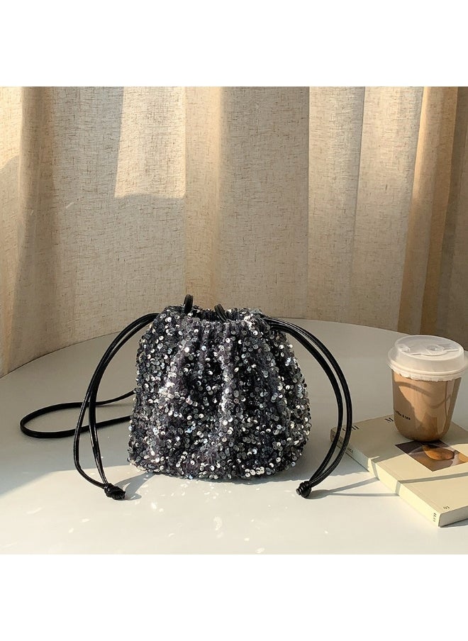 European-american Crossbody Bucket Bag Women's Drawstring Pleated Design Soft Hand Bill Shoulder Bag Color Sequin Bag