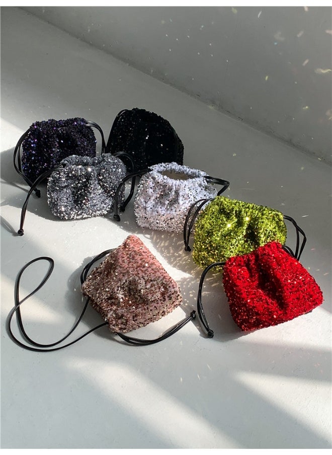 European-american Crossbody Bucket Bag Women's Drawstring Pleated Design Soft Hand Bill Shoulder Bag Color Sequin Bag