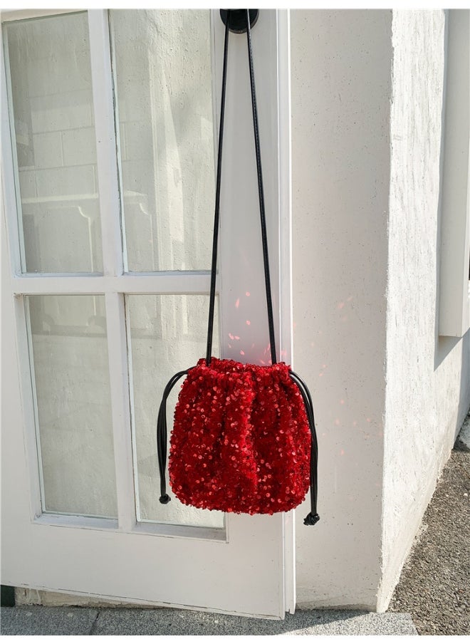 European-american Crossbody Bucket Bag Women's Drawstring Pleated Design Soft Hand Bill Shoulder Bag Color Sequin Bag