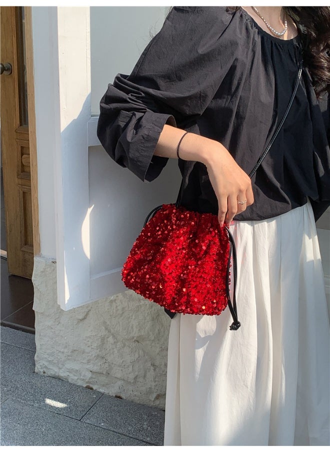 European-american Crossbody Bucket Bag Women's Drawstring Pleated Design Soft Hand Bill Shoulder Bag Color Sequin Bag