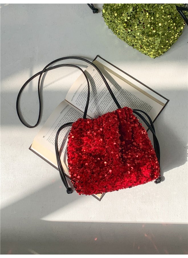 European-american Crossbody Bucket Bag Women's Drawstring Pleated Design Soft Hand Bill Shoulder Bag Color Sequin Bag