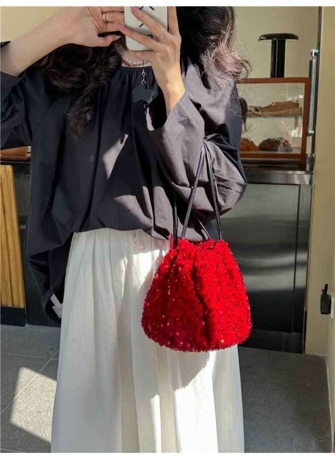 European-american Crossbody Bucket Bag Women's Drawstring Pleated Design Soft Hand Bill Shoulder Bag Color Sequin Bag