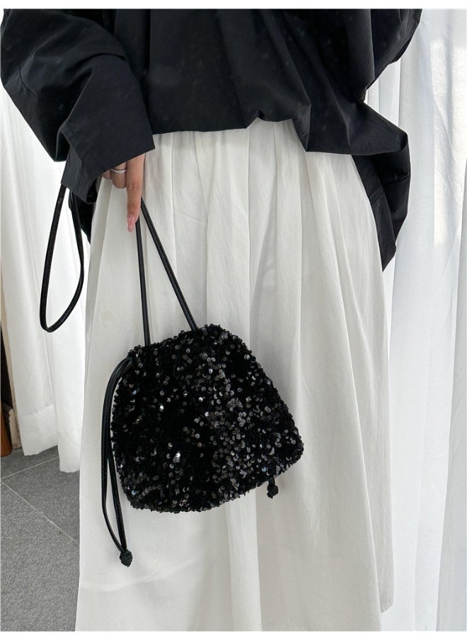 European-american Crossbody Bucket Bag Women's Drawstring Pleated Design Soft Hand Bill Shoulder Bag Color Sequin Bag