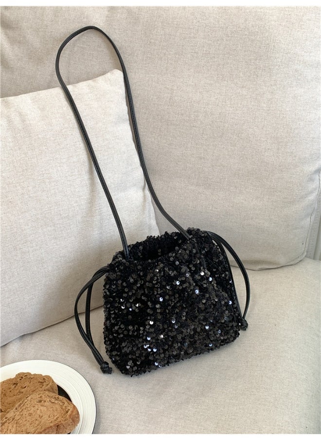 European-american Crossbody Bucket Bag Women's Drawstring Pleated Design Soft Hand Bill Shoulder Bag Color Sequin Bag