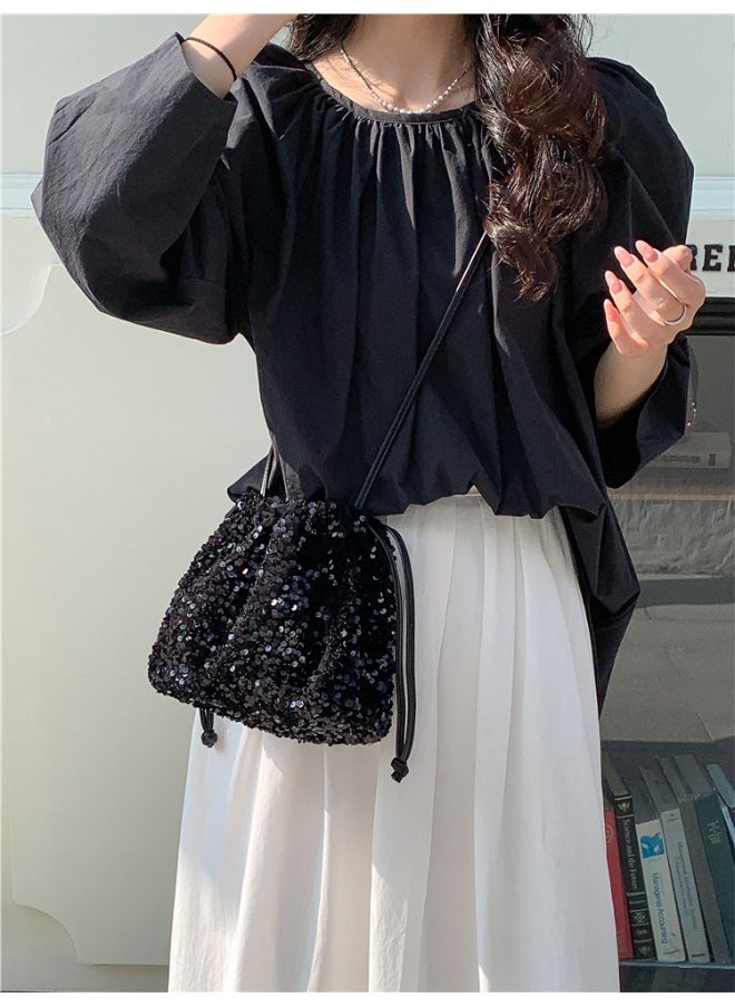 European-american Crossbody Bucket Bag Women's Drawstring Pleated Design Soft Hand Bill Shoulder Bag Color Sequin Bag